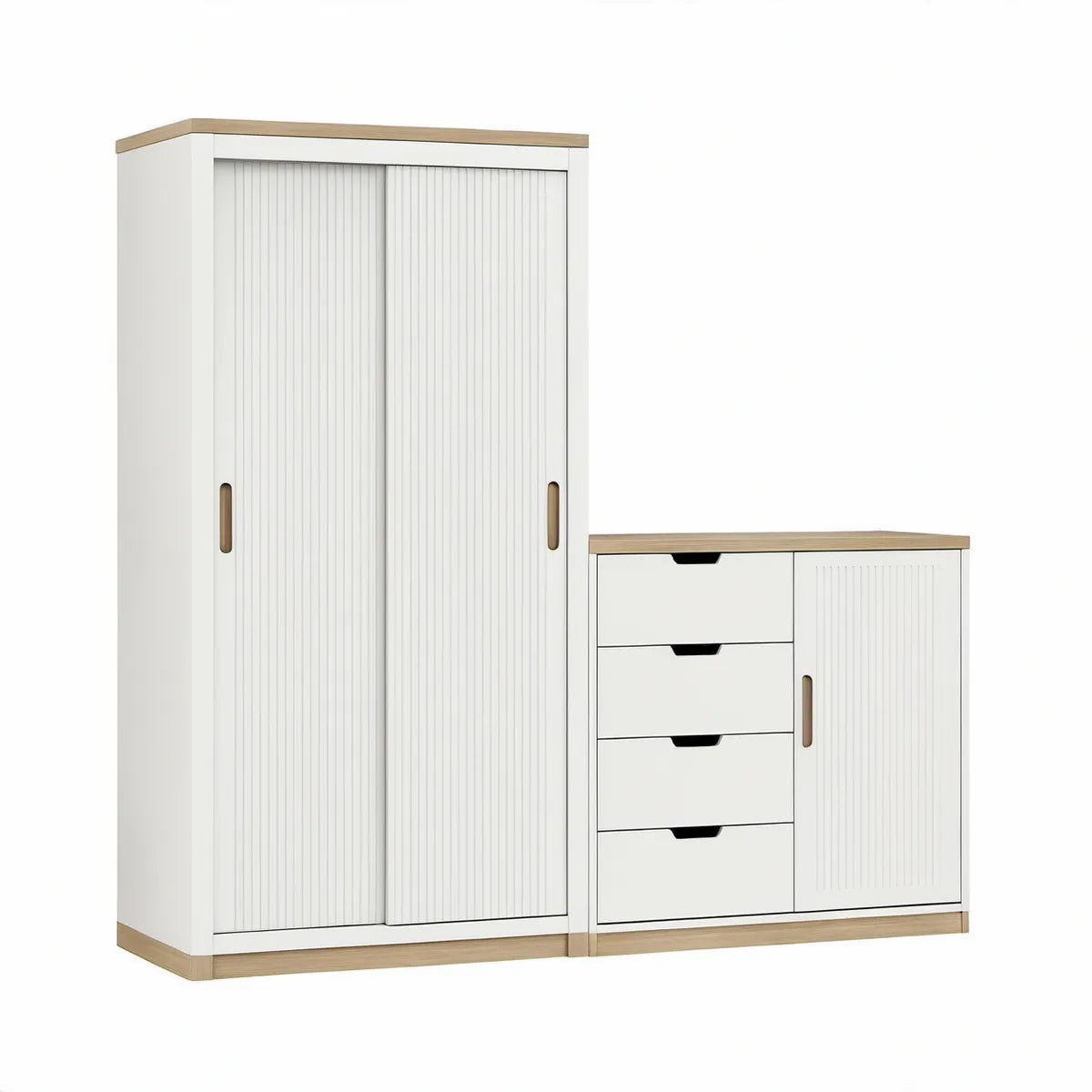 Schiebetürenschrank mit Kommode in Weiss/Eiche, 120 × 60 × 200 cm und 120 × 40 × 90 cm