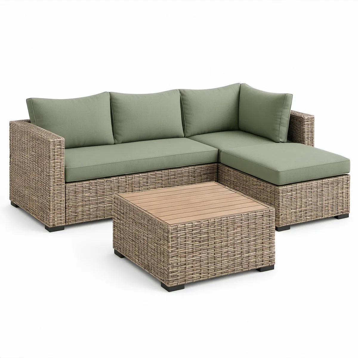 Gartenlounge-Set mit rechter Recamiere und Couchtisch, 210 × 150 × 65 cm, Grün/Naturbraun