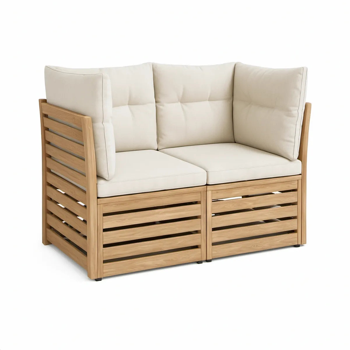 2-Sitzer-Ecklounge aus Akazien-Massivholz in Natur/Creme, 140 x 70 x 63 cm