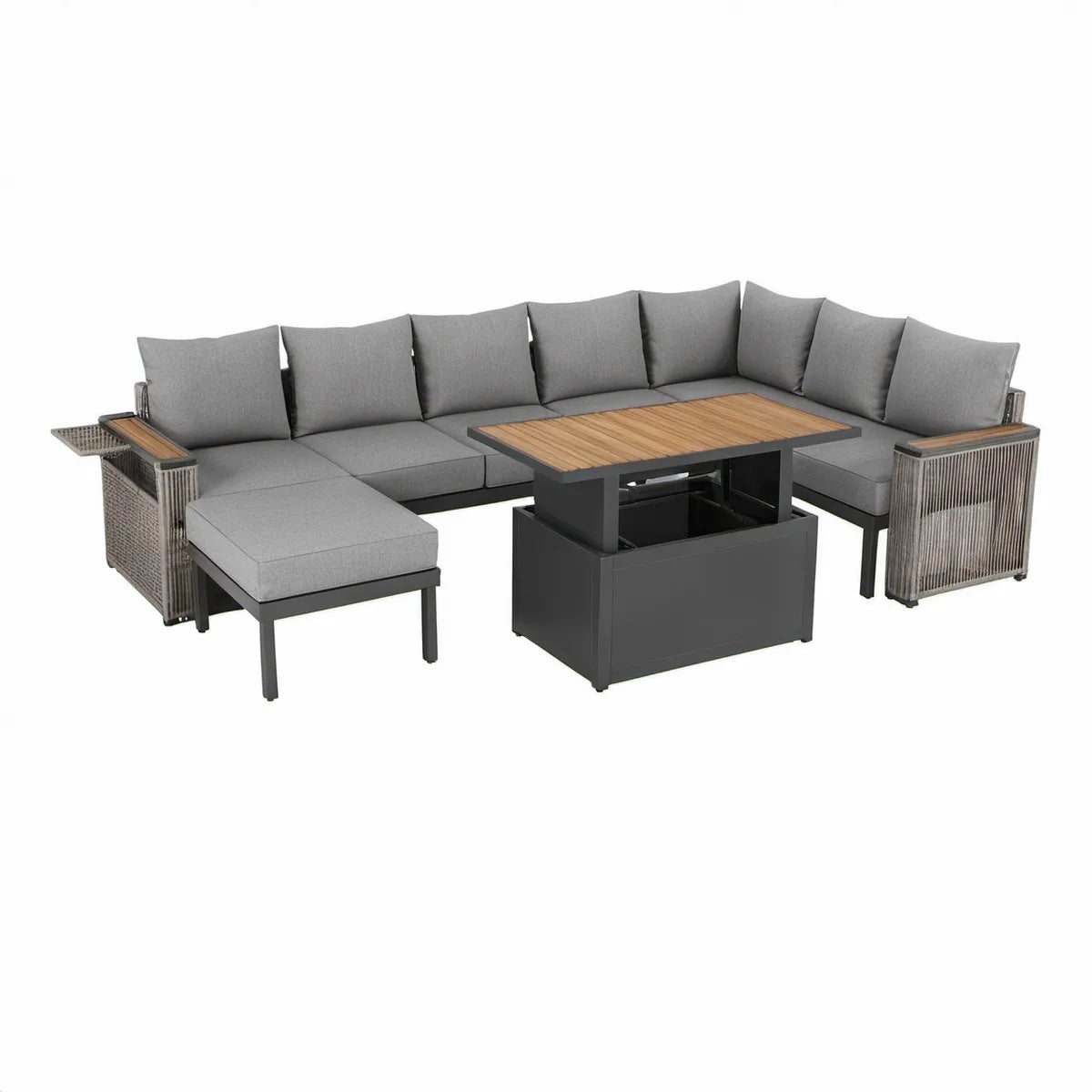 Gartenlounge in U-Form aus Aluminium und PE-Rattan, Grau/Anthrazit, mit höhenverstellbarem Tisch, 280 x 220 x 70 cm