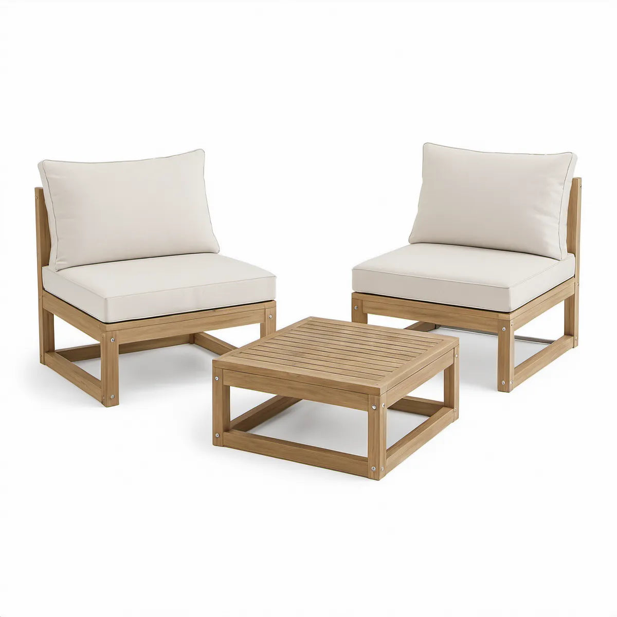 3-teiliges Gartenlounge-Set aus Akazienholz Natur mit cremeweissen Kissen, 2 Sessel je 65 x 65 x 70 cm, Tisch 65 x 65 x 30 cm