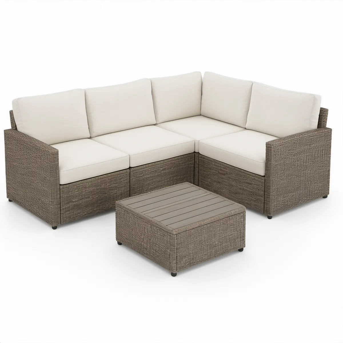 Gartenlounge in L-Form 210 x 210 x 75 cm aus PE-Rattan Grau-Braun mit beigen Kissen und Couchtisch 90 x 60 x 40 cm