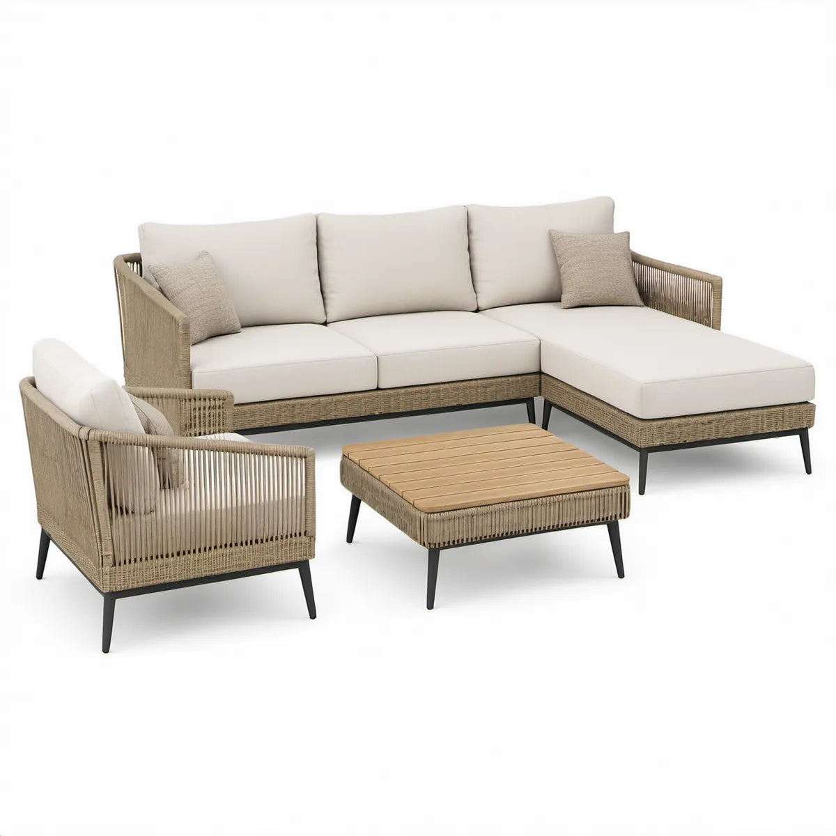 Gartenlounge-Set mit rechter Chaise longue, Sessel und Couchtisch, 250 x 160 cm, Beige/Natur/Schwarz