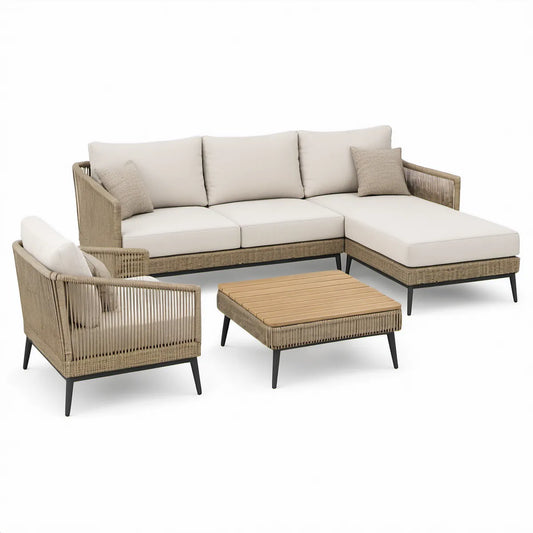 Gartenlounge-Set mit rechter Chaise longue, Sessel und Couchtisch, 250 x 160 cm, Beige/Natur/Schwarz