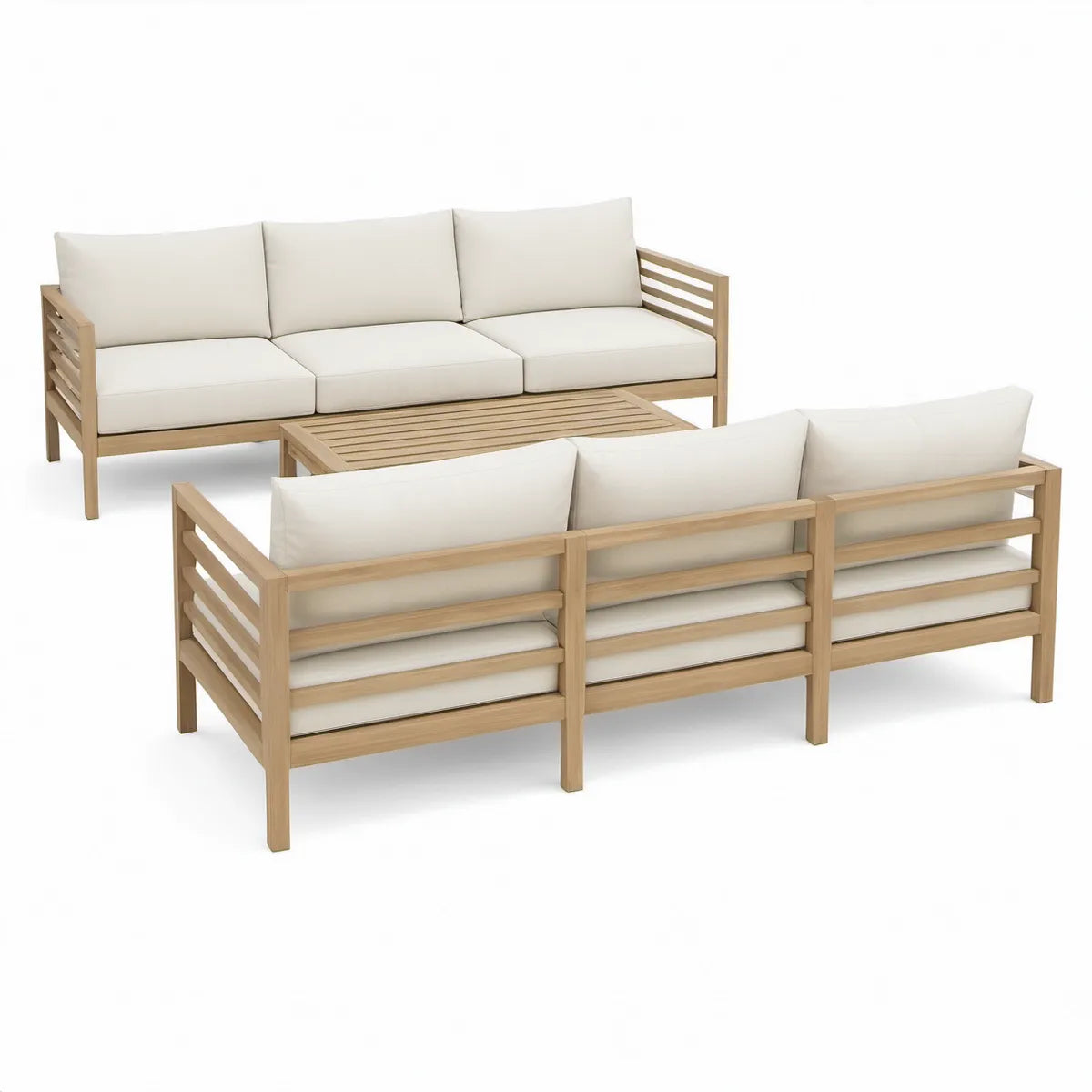 3-teiliges Gartenlounge-Set aus massivem Teakholz in Natur/Weiss mit 2 Dreisitzer-Sofas 230 x 80 x 78 cm und Couchtisch 120 x 70 x 35 cm