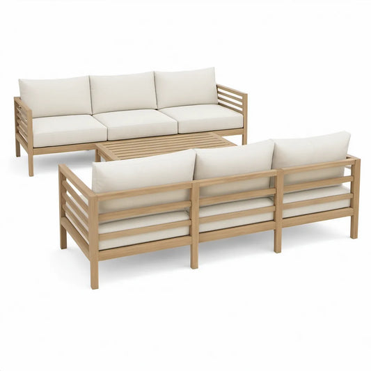 3-teiliges Gartenlounge-Set aus massivem Teakholz in Natur/Weiss mit 2 Dreisitzer-Sofas 230 x 80 x 78 cm und Couchtisch 120 x 70 x 35 cm