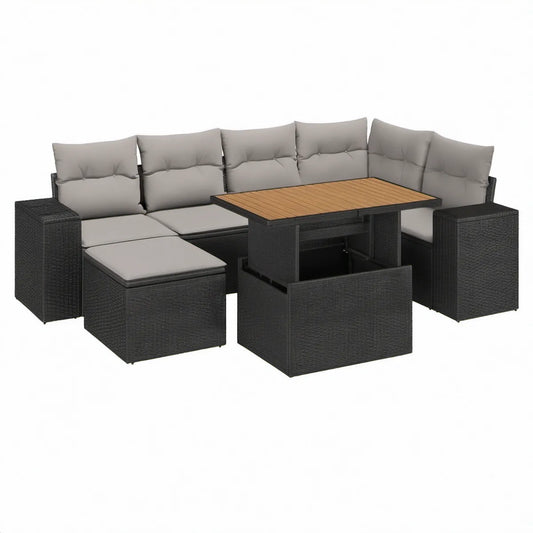 7-teiliges Gartenmöbel-Set in L-Form aus PE-Rattan, Anthrazit/Grau/Naturbraun, 240 x 180 x 63 cm