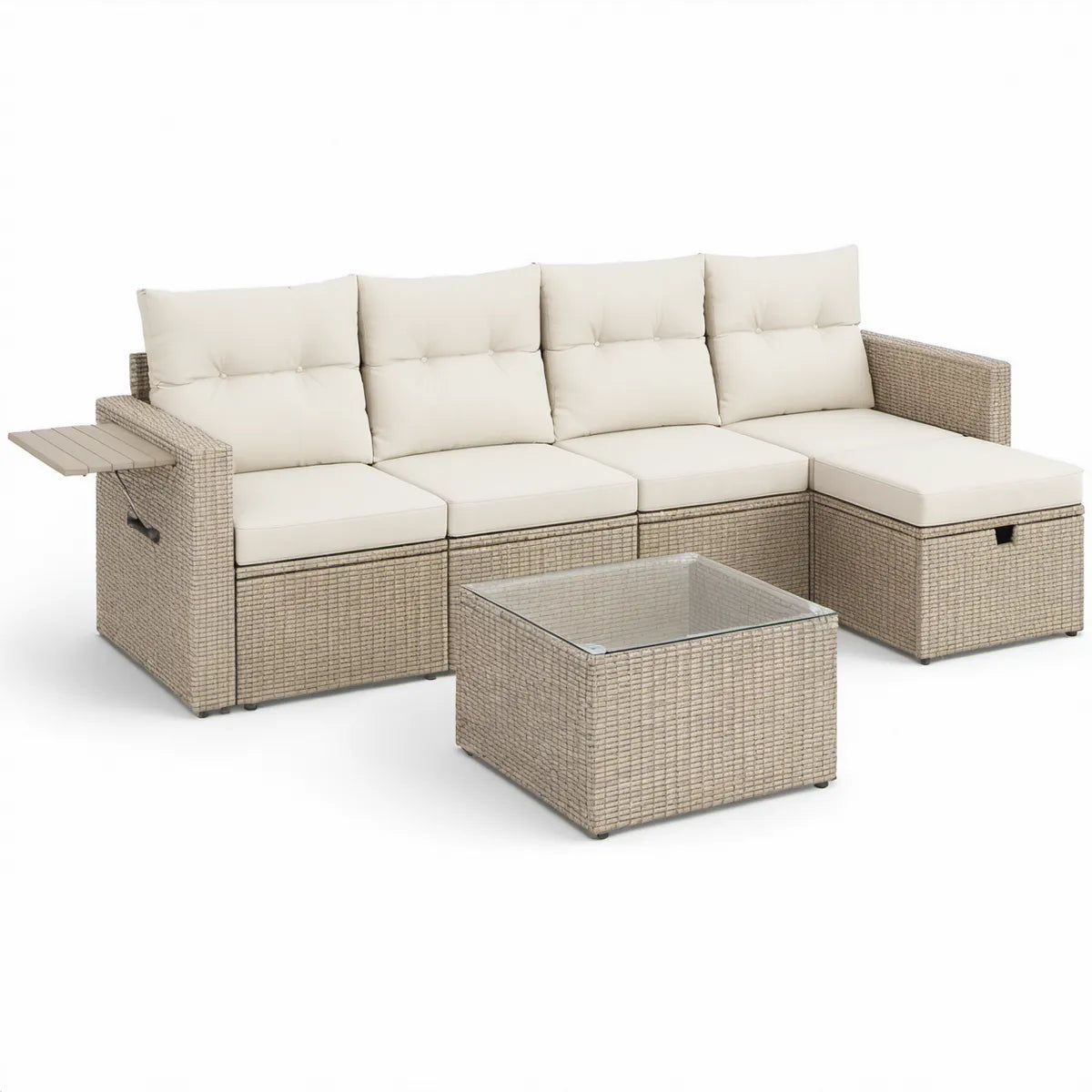 Gartenlounge-Set in L-Form für 4 Personen mit Couchtisch, Beige/Creme, 250 x 160 x 85 cm