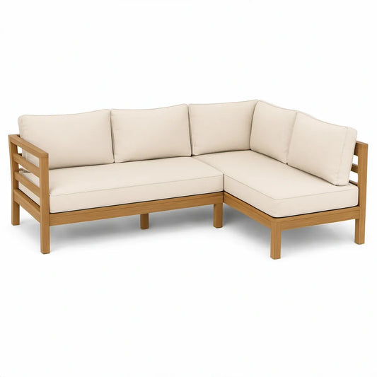 Garten-Ecksofa 3-Sitzer in L-Form aus massivem Akazienholz, Beige/Naturbraun, 198 x 148 x 76 cm
