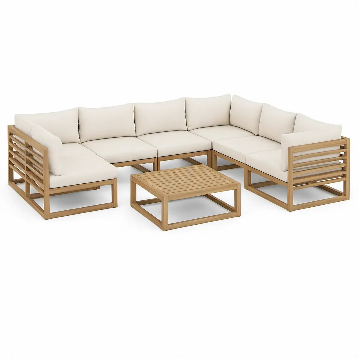 6-teiliges Lounge-Set in L-Form aus Akazienholz, Natur/Creme, 280 x 280 x 63 cm