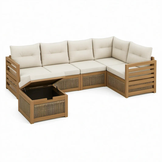 5-teiliges Garten-Ecksofa in L-Form aus Akazienholz Naturbraun/Beige, 280 x 210 x 78 cm