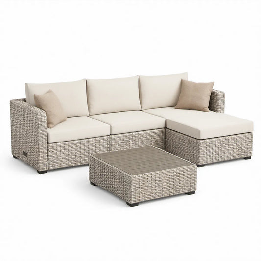 Gartenlounge in L-Form mit Tisch, Polyrattan und Aluminium, Grau/Beige, 230 × 170 × 68 cm