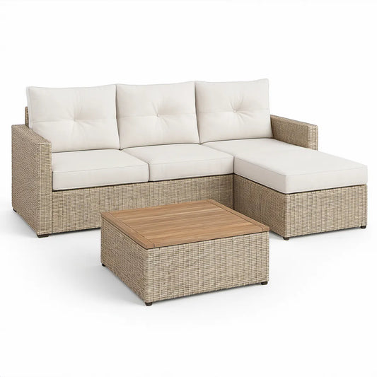 4-teiliges Garten-Loungeset mit L-förmigem Ecksofa und Couchtisch, Beige/Creme/Naturbraun, 220 × 150 × 85 cm