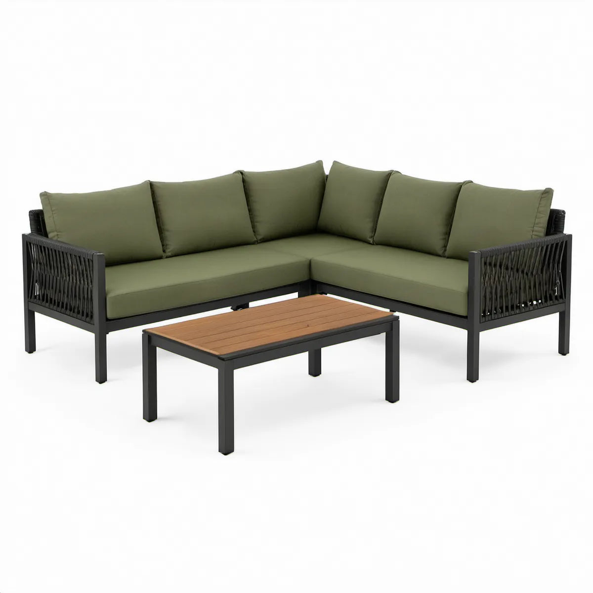 3-teiliges Garten-Lounge-Set in L-Form, 196 x 196 cm, Olivgrün/Schwarz/Braun