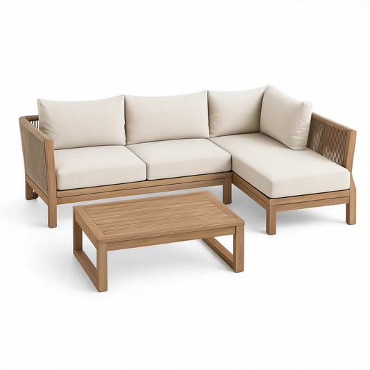3-teiliges Gartenlounge-Set mit Ecksofa und Couchtisch aus Akazien-Massivholz, Natur/Beige, 210 x 140 x 70 cm