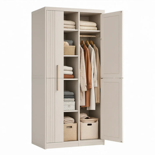 Beiger MDF-Kleiderschrank mit 2 Türen und goldfarbenen Griffen, 80 x 50 x 180 cm