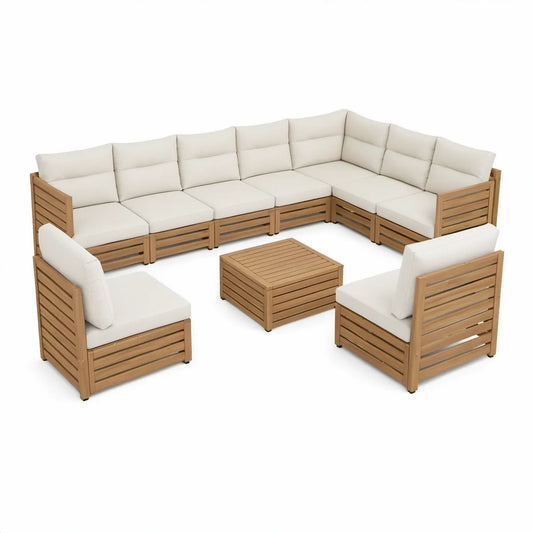 9-teiliges Garten-Lounge-Set aus Akazien-Massivholz mit Ecksofa, 2 Sesseln und Salontisch, Naturbraun/Beige, 328 x 246 x 65 cm