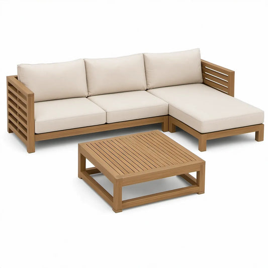 3-teiliges Gartenlounge-Set in L-Form aus Akazienholz, Naturbraun/Beige, 200 x 140 x 65 cm