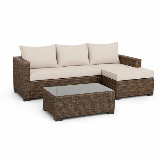 Gartenlounge mit Ecksofa und Couchtisch aus Polyrattan, Braun/Beige, 196 x 136 x 65 cm
