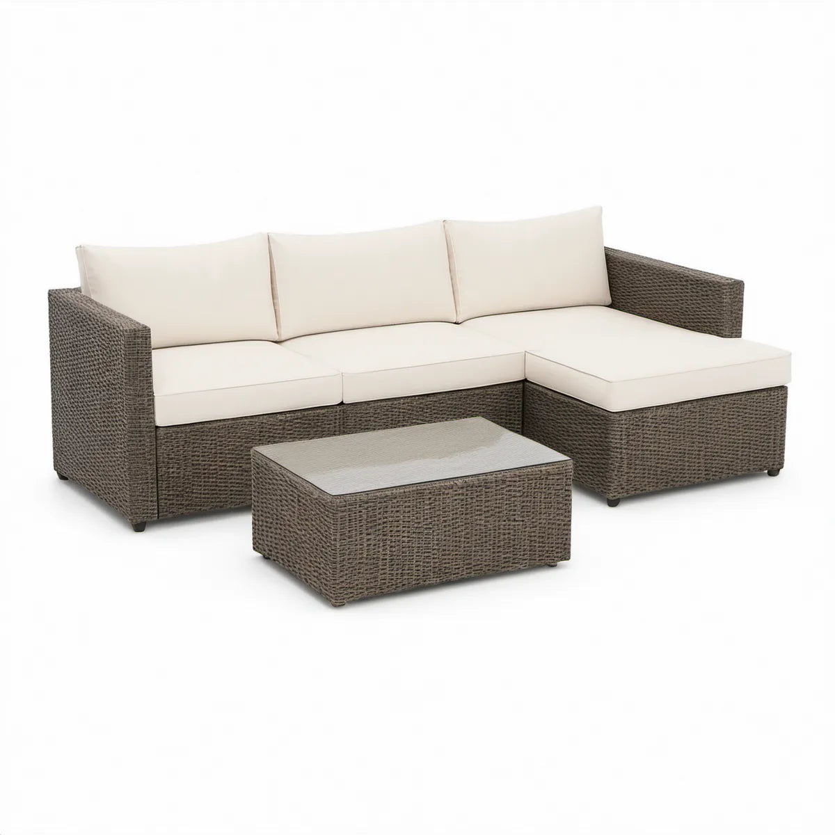 3-teiliges Gartenlounge-Set mit Ecksofa und Glastisch, Braun/Creme, 200 x 140 x 70 cm