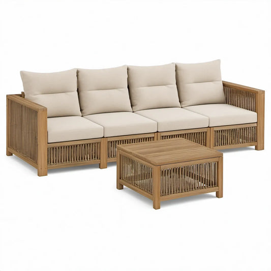 4-Sitzer Garten-Lounge-Set aus massivem Akazienholz, Naturbraun/Beige, Sofa 280 x 75 x 75 cm mit Tisch 90 x 60 x 40 cm