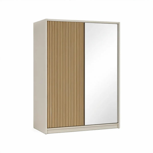 Schwebetürenschrank 120 x 60 x 200 cm mit Spiegel- und Lamellenfront in Beige und Eiche Natur
