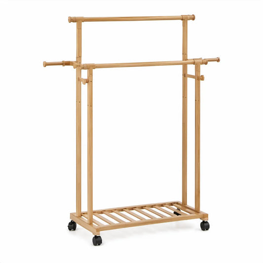Bambus-Kleiderständer mit Rollen, 2 Stangen und Ablage, Naturbraun/Schwarz, 100 x 40 x 170 cm